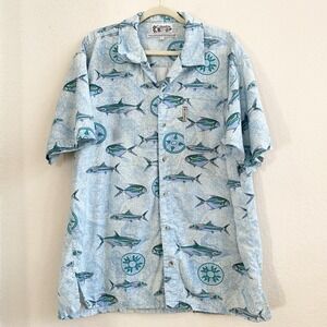 Columbia Mens Blue Short Sleeve‎ Fishing Sport Fish Print Shirt  SZ M